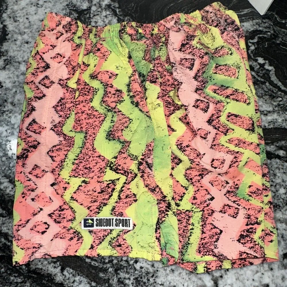 Vintage Sideout Mens Small Swim Trunks 90s Neon Abstract Nylon Board Shorts 3.5